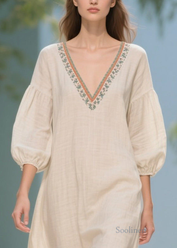 Plus Size White Puff Sleeve Patchwork Linen Dresses