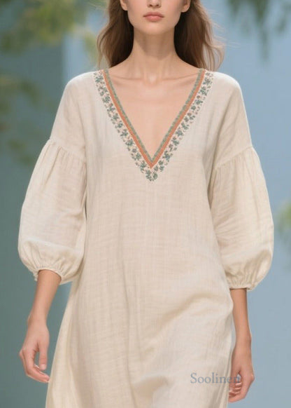 Plus Size White Puff Sleeve Patchwork Linen Dresses