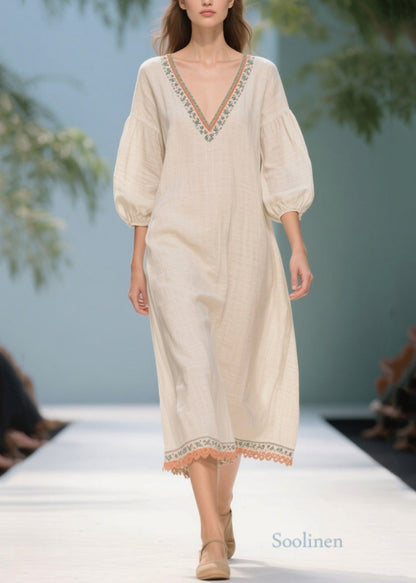 Plus Size White Puff Sleeve Patchwork Linen Dresses