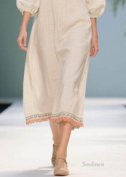 Plus Size White Puff Sleeve Patchwork Linen Dresses