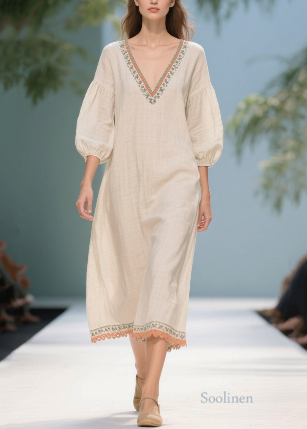 Plus Size White Puff Sleeve Patchwork Linen Dresses