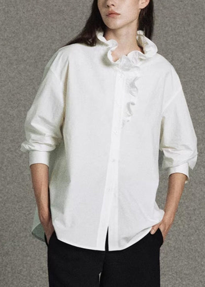 Plus Size White Ruffled Cotton Shirt Top Spring
