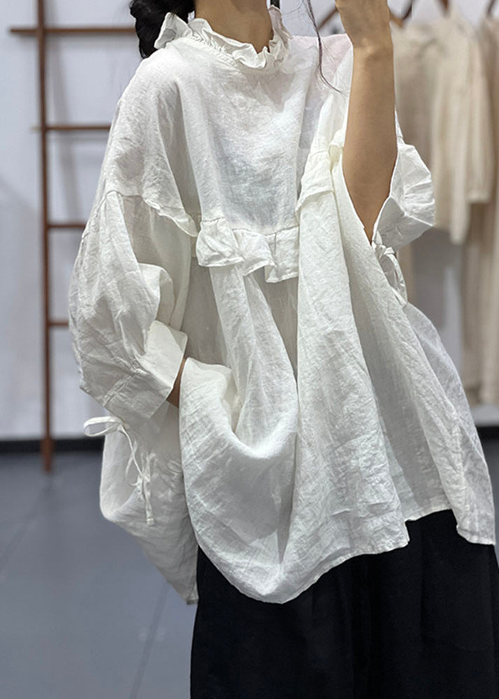 Plus Size White Ruffled Oversized Cotton Blouses Half Sleeve