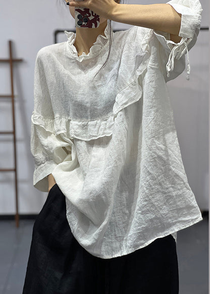Plus Size White Ruffled Oversized Cotton Blouses Half Sleeve