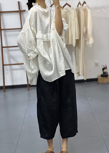 Plus Size White Ruffled Oversized Cotton Blouses Half Sleeve