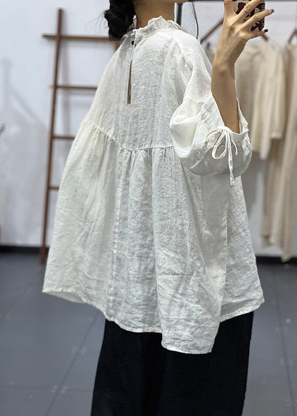 Plus Size White Ruffled Oversized Cotton Blouses Half Sleeve
