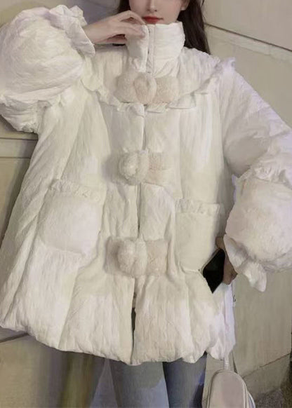 Plus Size White Ruffled Pockets Patchwork Fine Cotton Filled Coats Winter