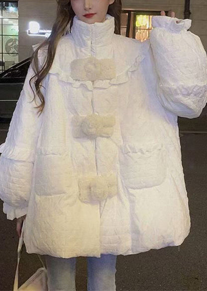 Plus Size White Ruffled Pockets Patchwork Fine Cotton Filled Coats Winter