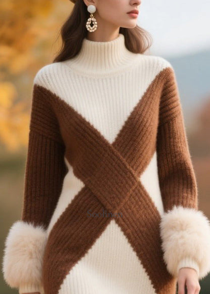 Plus Size White Turtle Neck Patchwork Faux Fur Knit Dress Winter