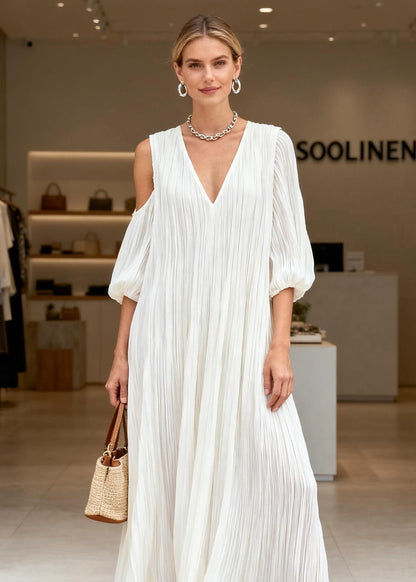 Plus Size White V Neck Asymmetrical Design Patchwork Cotton Dresses Summer