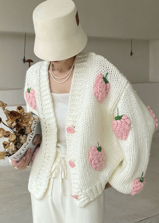 Plus Size White V Neck Button Knit Sweater Winter Coat