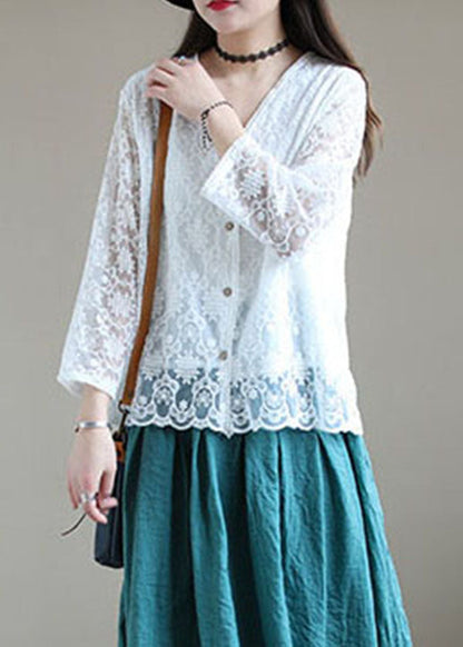 Plus Size White V Neck Cotton UPF 50+ Cardigans Long Sleeve