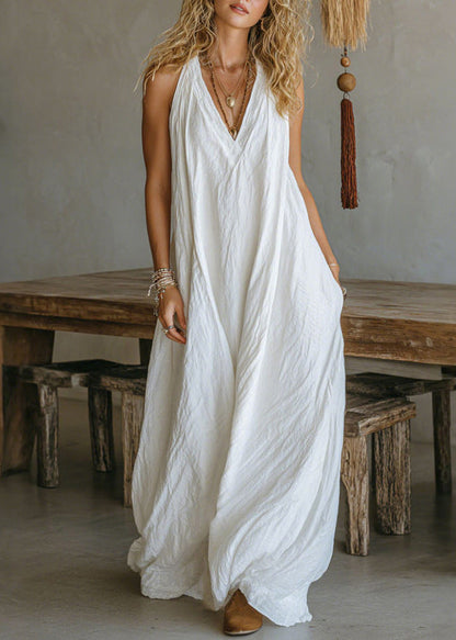 Plus Size White V Neck Halter Solid Maxi Dress Sleeveless