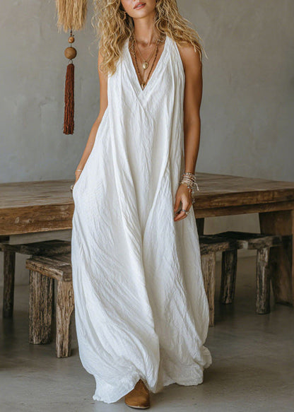 Plus Size White V Neck Halter Solid Maxi Dress Sleeveless