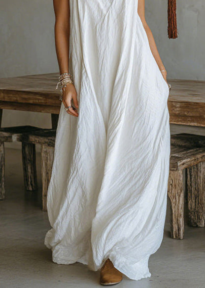 Plus Size White V Neck Halter Solid Maxi Dress Sleeveless