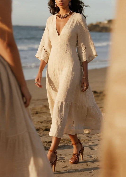 Plus Size White V Neck Hollow Out Cotton Holiday Dress Summer