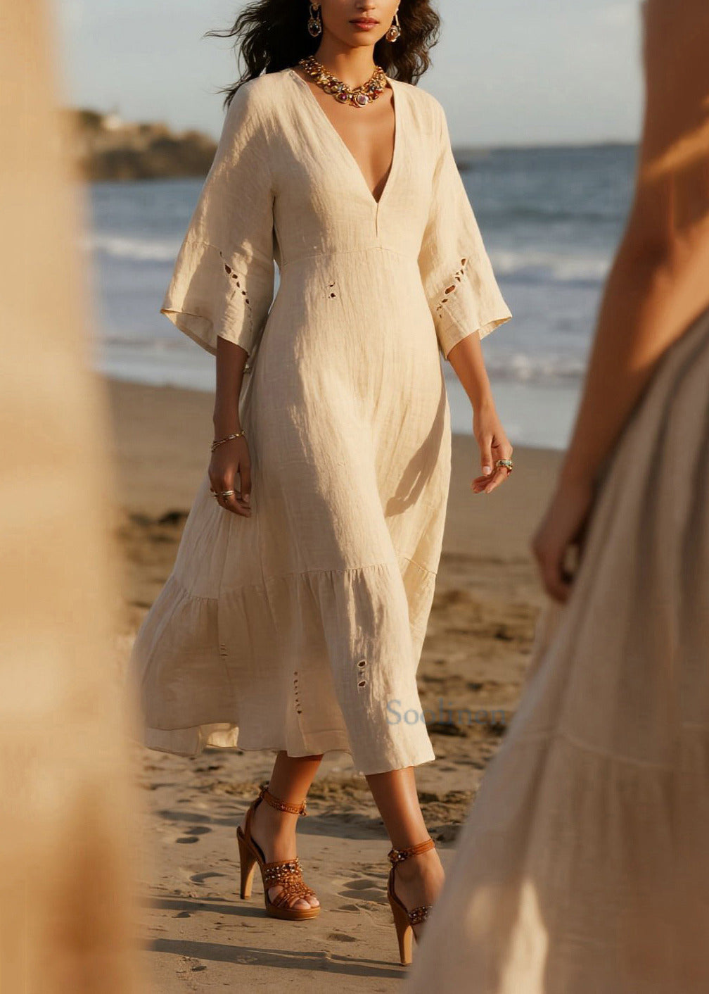 Plus Size White V Neck Hollow Out Cotton Holiday Dress Summer