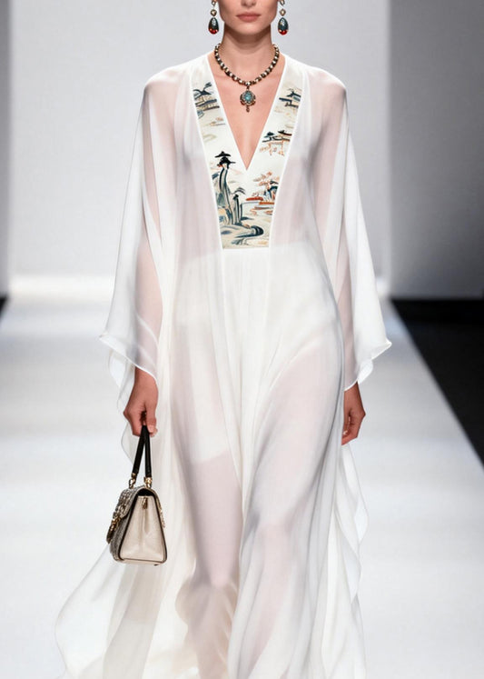 Plus Size White V Neck Patchwork Chiffon Long Dresses Spring