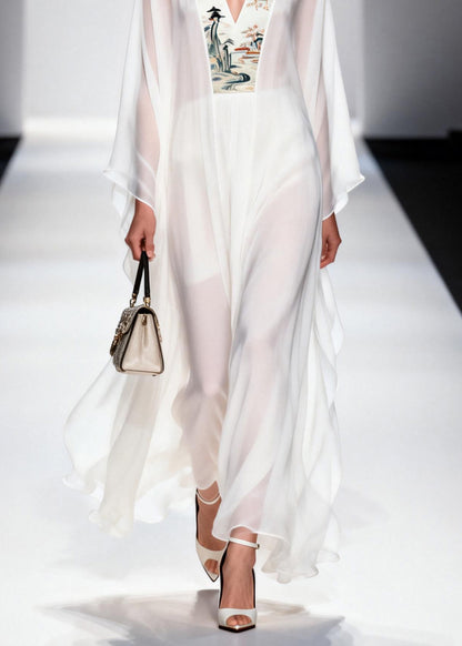 Plus Size White V Neck Patchwork Chiffon Long Dresses Spring