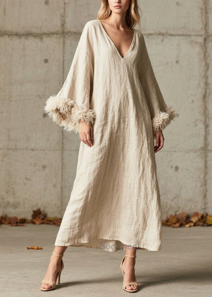 Plus Size White V Neck Patchwork Faux Fur Dresses Flare Sleeve