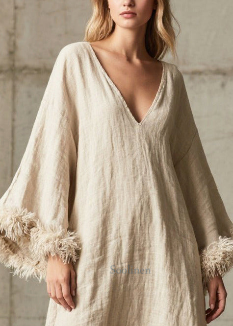 Plus Size White V Neck Patchwork Faux Fur Dresses Flare Sleeve