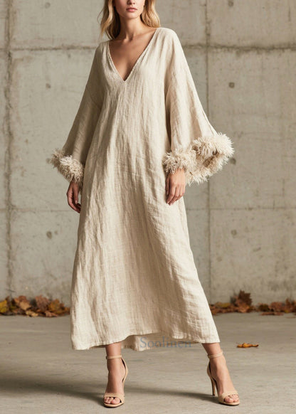 Plus Size White V Neck Patchwork Faux Fur Dresses Flare Sleeve