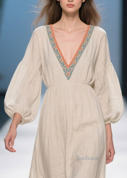 Plus Size White V Neck Patchwork Linen Ankle Dress Bracelet Sleeve