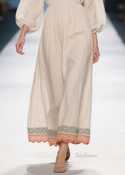 Plus Size White V Neck Patchwork Linen Ankle Dress Bracelet Sleeve