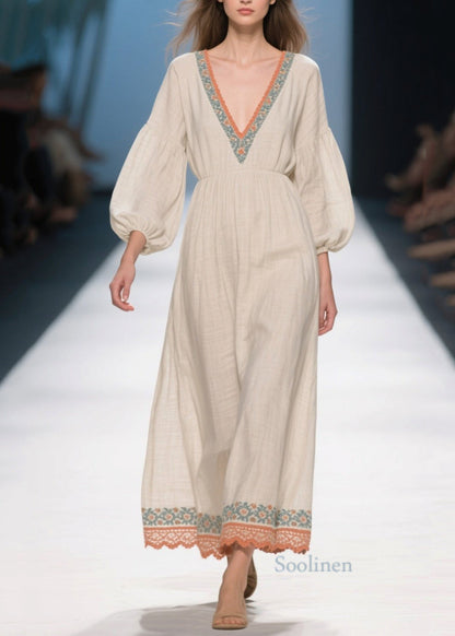 Plus Size White V Neck Patchwork Linen Ankle Dress Bracelet Sleeve