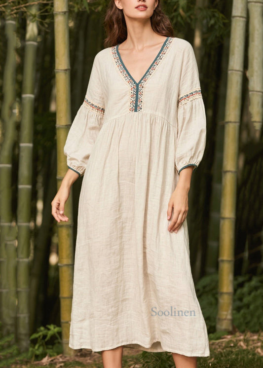 Plus Size White V Neck Patchwork Linen Dress Bracelet Sleeve