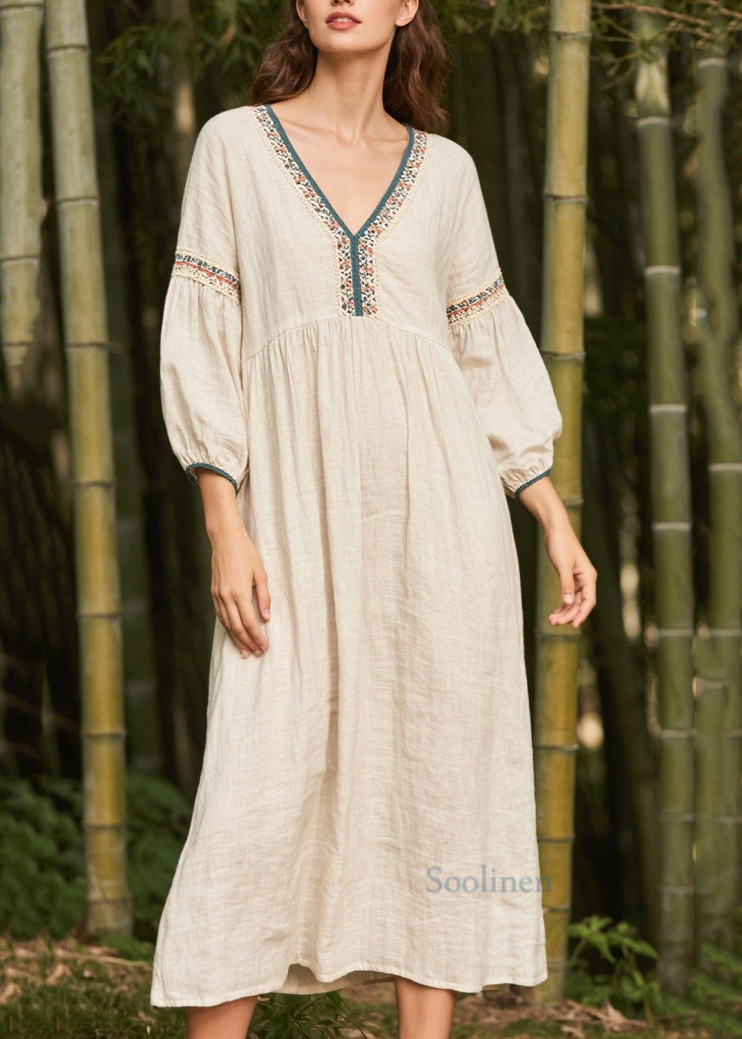 Plus Size White V Neck Patchwork Linen Dress Bracelet Sleeve