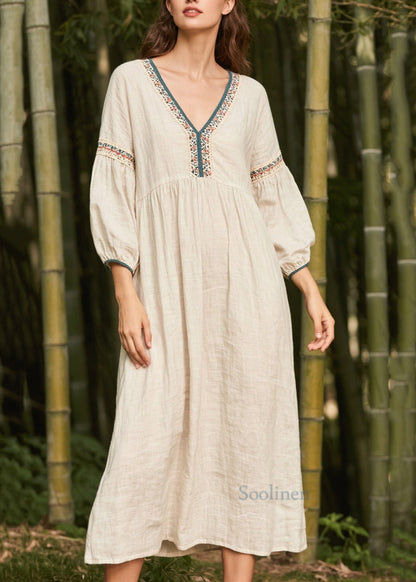 Plus Size White V Neck Patchwork Linen Dress Bracelet Sleeve