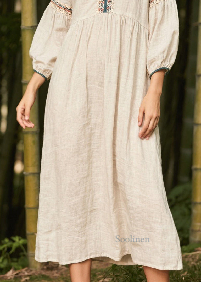Plus Size White V Neck Patchwork Linen Dress Bracelet Sleeve