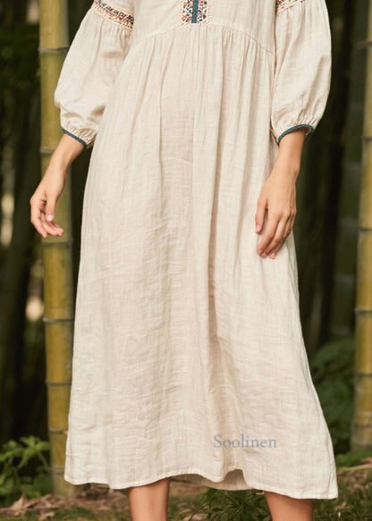 Plus Size White V Neck Patchwork Linen Dress Bracelet Sleeve