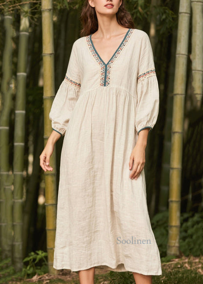 Plus Size White V Neck Patchwork Linen Dress Bracelet Sleeve