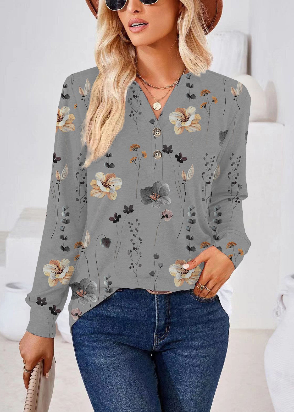 Plus Size White V Neck Print Shirts Fall