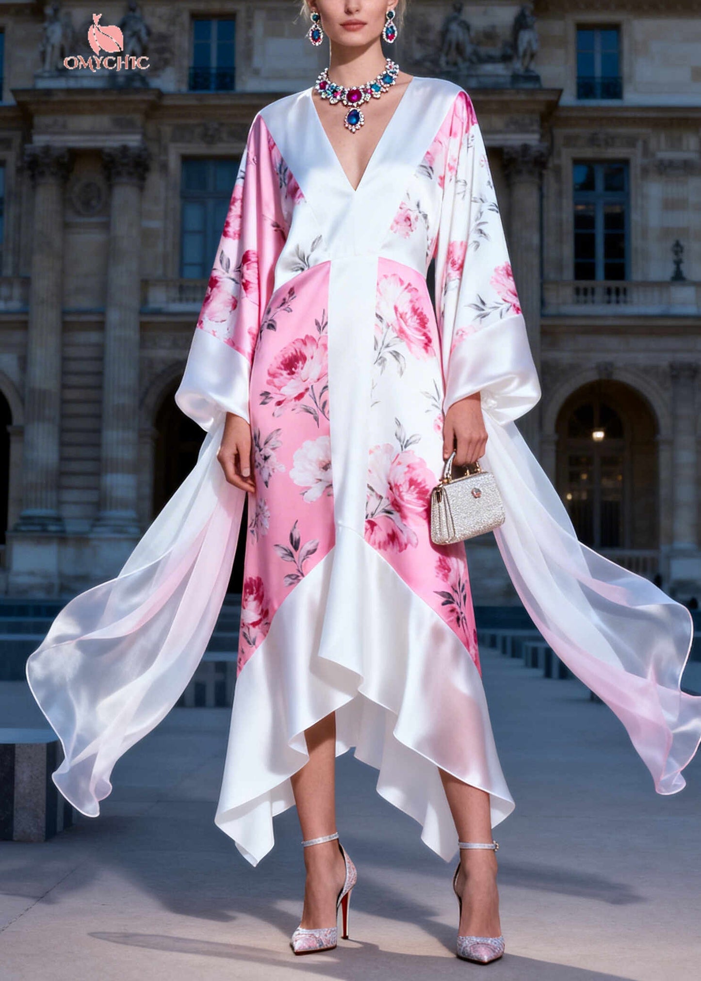 Plus Size White V Neck Print Silk Maxi Dress Summer