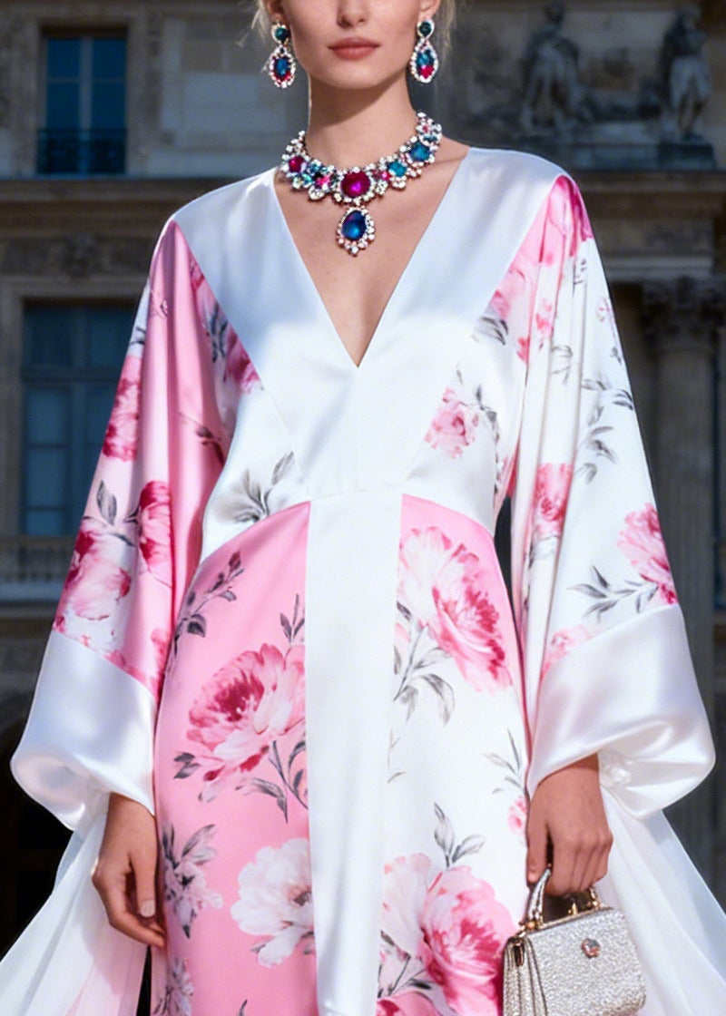 Plus Size White V Neck Print Silk Maxi Dress Summer