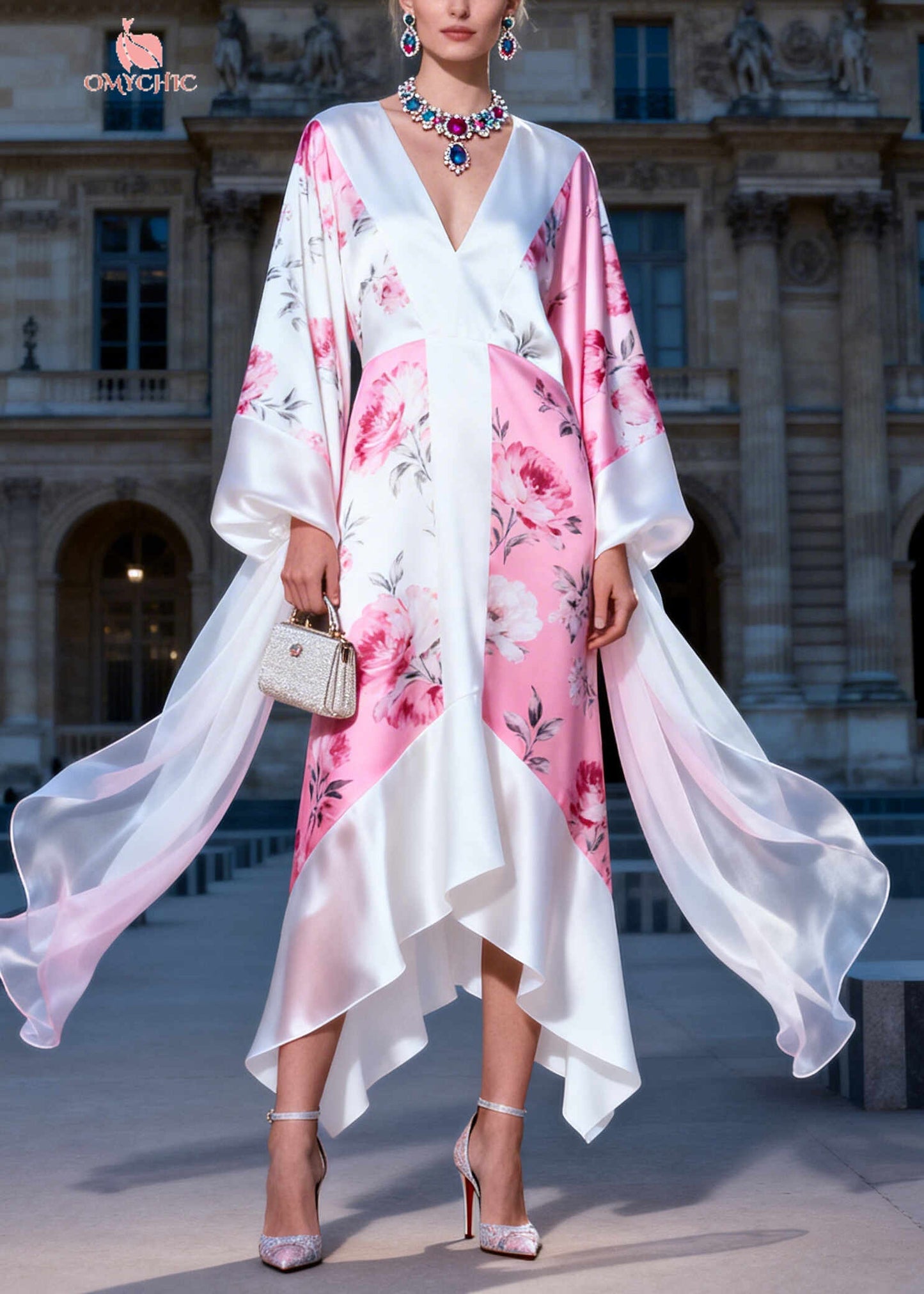 Plus Size White V Neck Print Silk Maxi Dress Summer