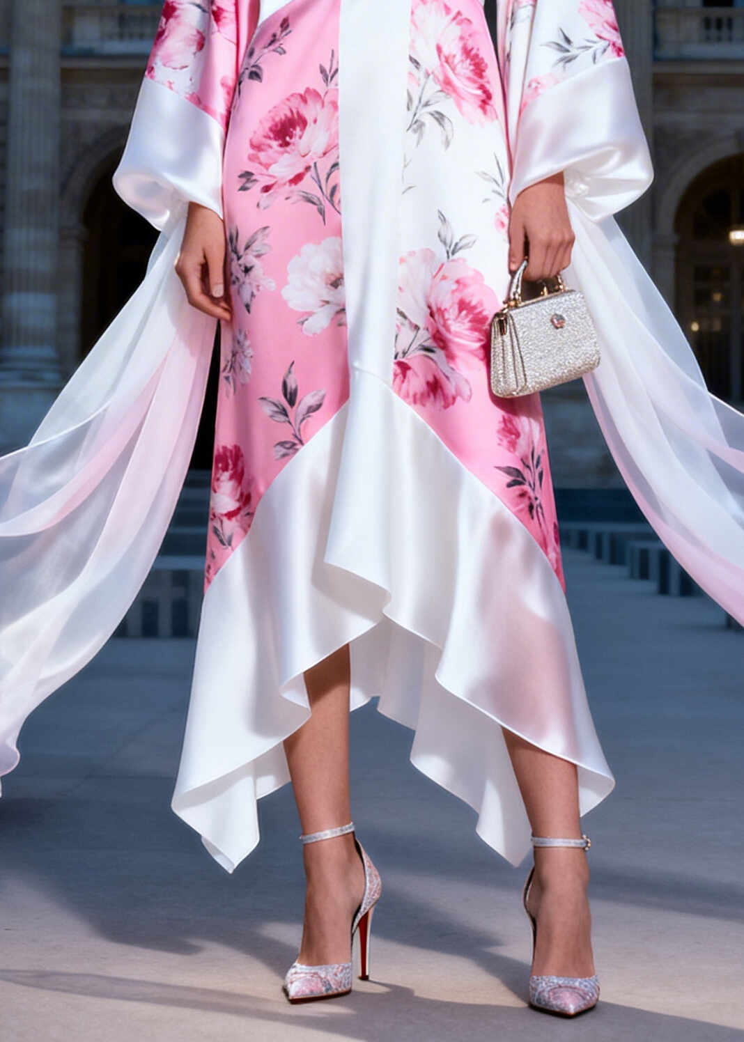 Plus Size White V Neck Print Silk Maxi Dress Summer