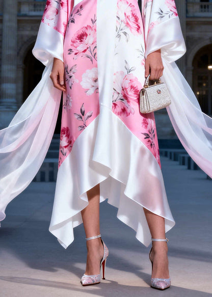 Plus Size White V Neck Print Silk Maxi Dress Summer