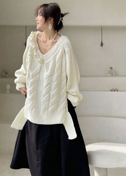 Plus Size White V Neck thick Knit Sweaters Winter