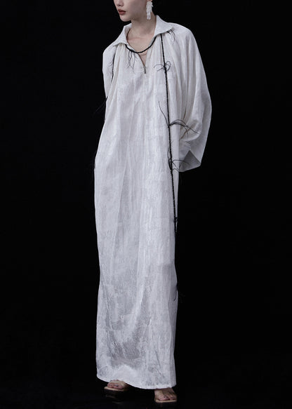 Plus Size White Zippered Wear On Both Sides Linen Maxi Dresses Fall