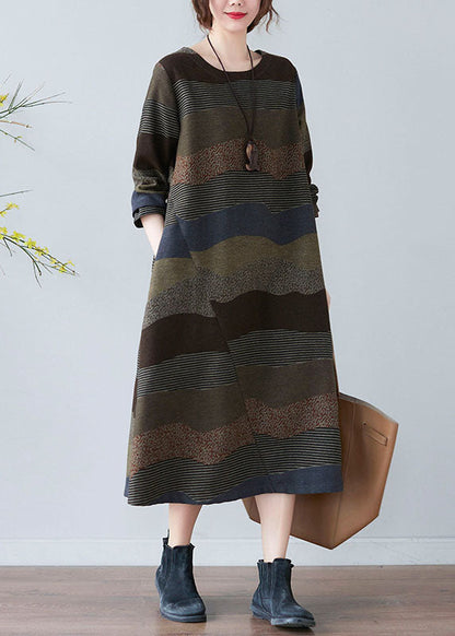 Plus Size Women Chocolate O-Neck Print Dress Spring