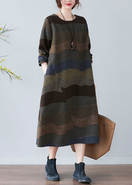 Plus Size Women Chocolate O-Neck Print Dress Spring