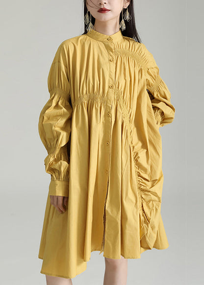 Plus Size Yellow Asymmetrical Patchwork Cotton Shirts Dress Fall