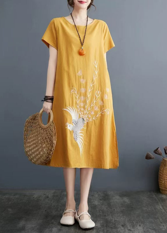 Plus Size Yellow Embroidered Linen A Line Dress Summer