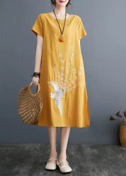 Plus Size Yellow Embroidered Linen A Line Dress Summer