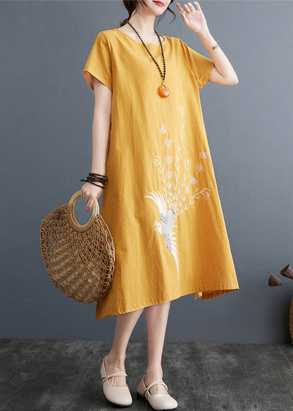 Plus Size Yellow Embroidered Linen A Line Dress Summer