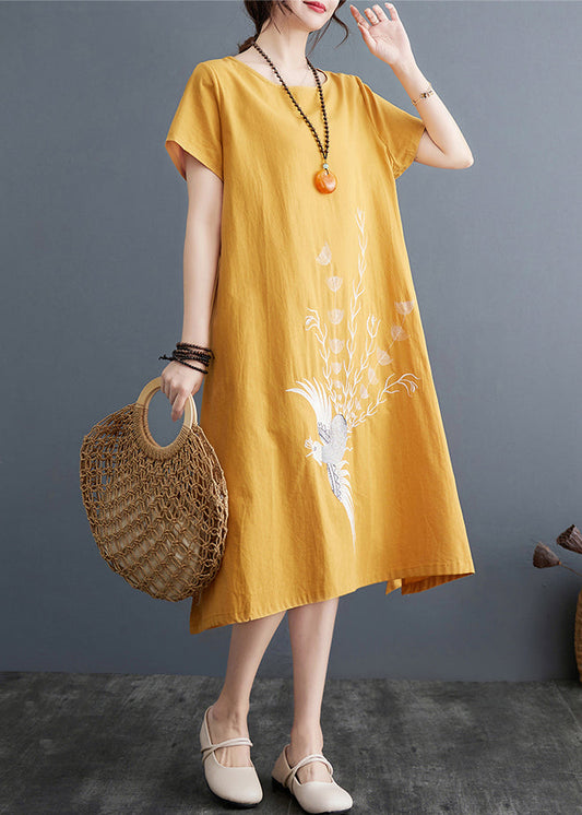 Plus Size Yellow Embroidered Linen A Line Dress Summer
